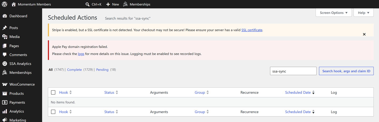 The Scheduled Actions screen under Tools, filtered to SSA's ssa-sync group, listing the background sync stages and their status.