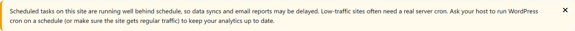 An admin notice warning that WordPress cron has not run recently, so scheduled syncs may be delayed.