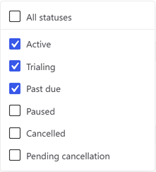 The status filter open on the Customers list, with several statuses ticked at once.