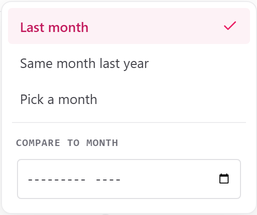 The compare-to menu open, offering last month, the same month last year, and a month of your choice.