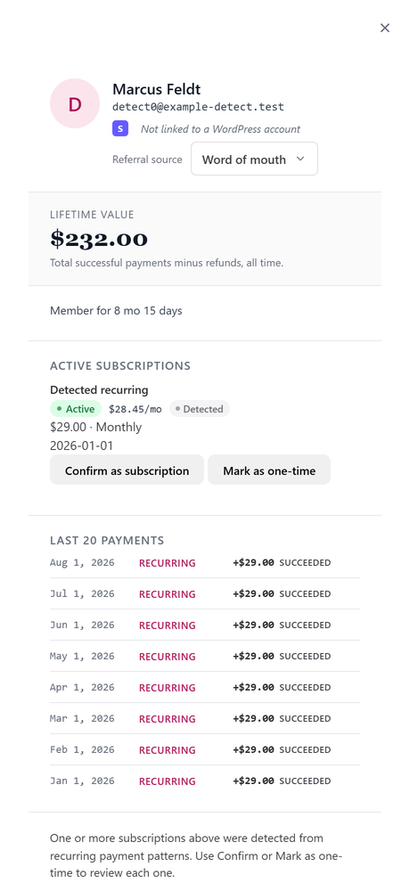 The customer drawer for a detected subscription: its Detected badge, the charges behind it, and the inferred interval.