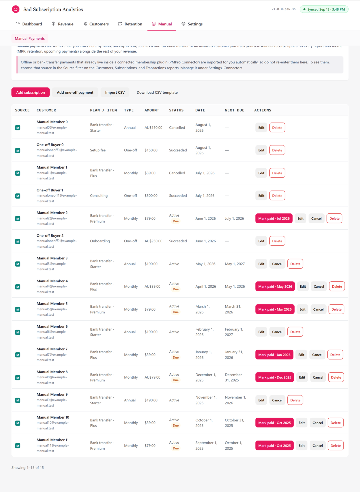 The Manual payments page.