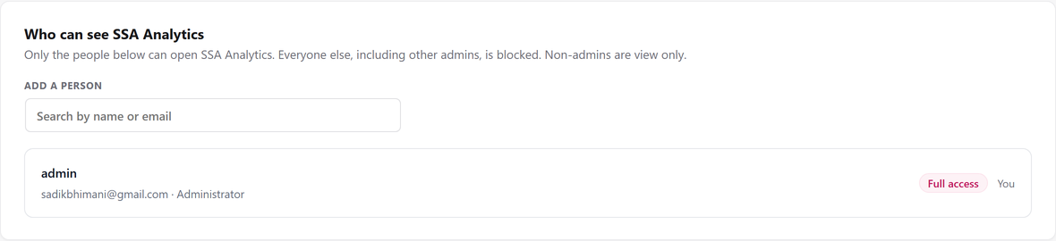 The Access tab: who can see and who can manage SSA.