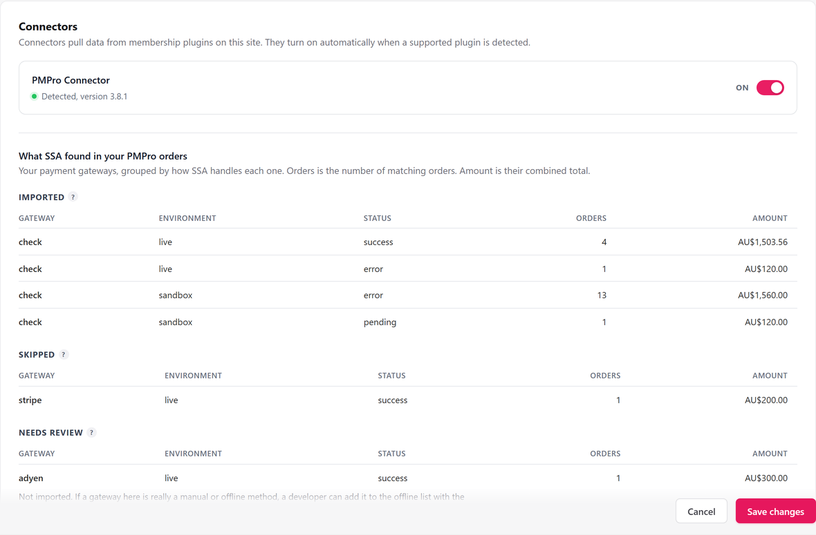 The Connectors tab with Paid Memberships Pro detected.
