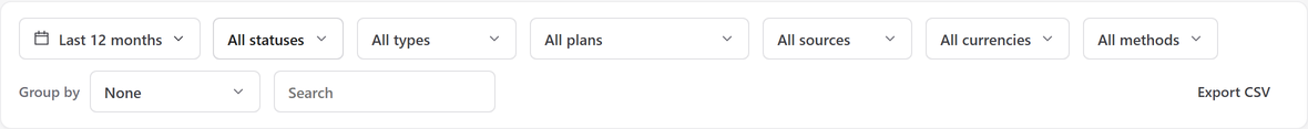 The filter bar on the Transactions report: a date range set to the last 12 months, then menus for status, type, plan, source, currency and payment method, with a group-by menu, a search box and an Export CSV link below.