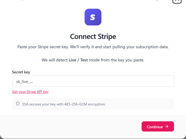 The setup wizard step that asks for the Stripe key.