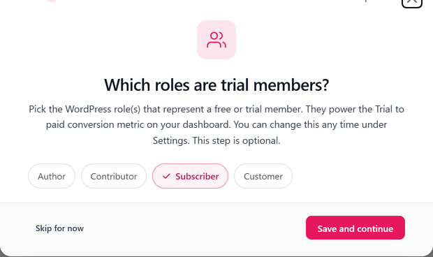 The setup wizard step that maps membership levels or roles to trials, so trial members are counted as trials, not as paying customers.